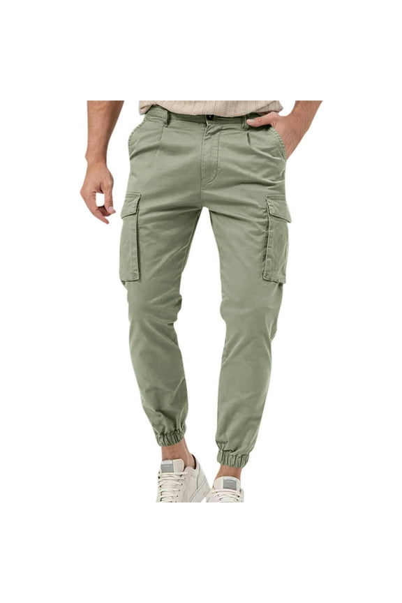 Men's Cargo Pants Cuffed Jogger Pants Slim Fit Elastic Waist Outdoor Work Trousers Cotton Green L