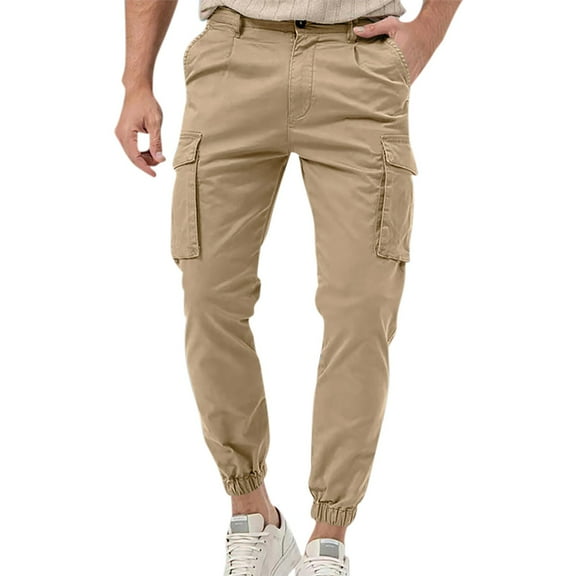HOOMEUMY Men's Cargo Pants Cuffed Jogger Pants Slim Fit Elastic Waist Outdoor Work Trousers Cotton Khaki M