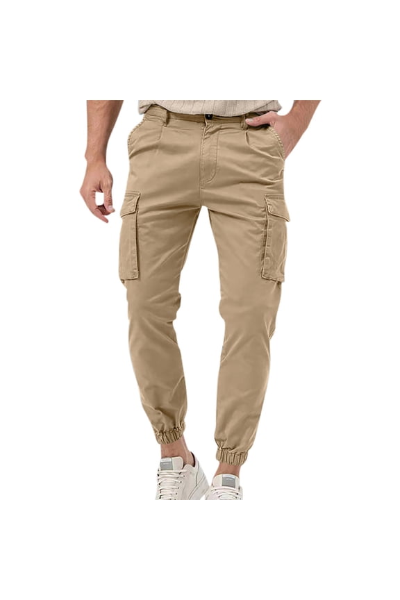Men's Cargo Pants Cuffed Jogger Pants Slim Fit Elastic Waist Outdoor Work Trousers Cotton Khaki M