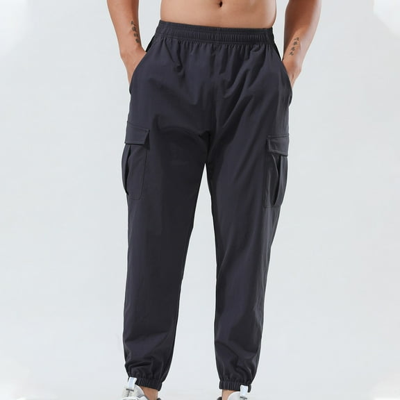 HOOMEUMY Men's Cargo Pants Elastic Waist Drawstring Jogger Pants Loose Fit Sport Trousers Outdoor Hiking Travel Workwear Black S Gray XL