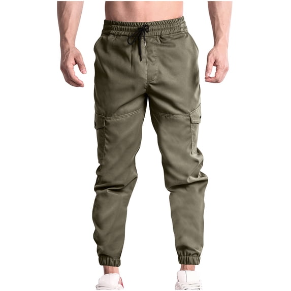 HOOMEUMY Men's Cargo Pants Jogger Pants Drawstring Elastic Waist Multi Pockets Comfortable Loose Fit Trousers Workout Sport Outdoor Army Green S
