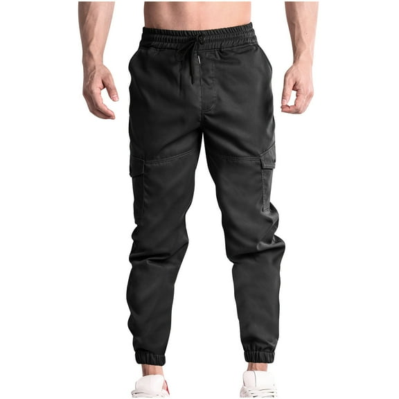 HOOMEUMY Men's Cargo Pants Jogger Pants Drawstring Elastic Waist Multi Pockets Comfortable Loose Fit Trousers Workout Sport Outdoor Black S