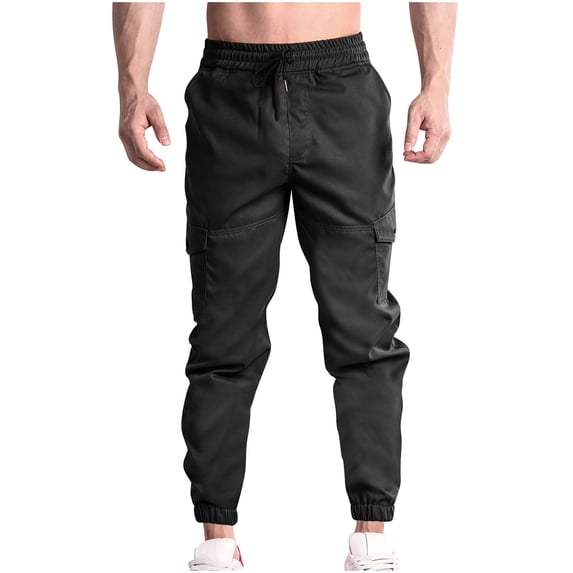 HOOMEUMY Men's Cargo Pants Jogger Pants Drawstring Elastic Waist Multi Pockets Comfortable Loose Fit Trousers Workout Sport Outdoor Black XL