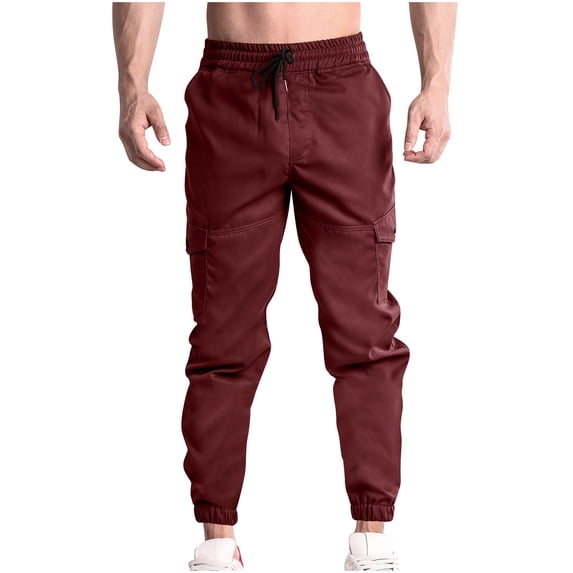 HOOMEUMY Men's Cargo Pants Jogger Pants Drawstring Elastic Waist Multi Pockets Comfortable Loose Fit Trousers Workout Sport Outdoor Wine M