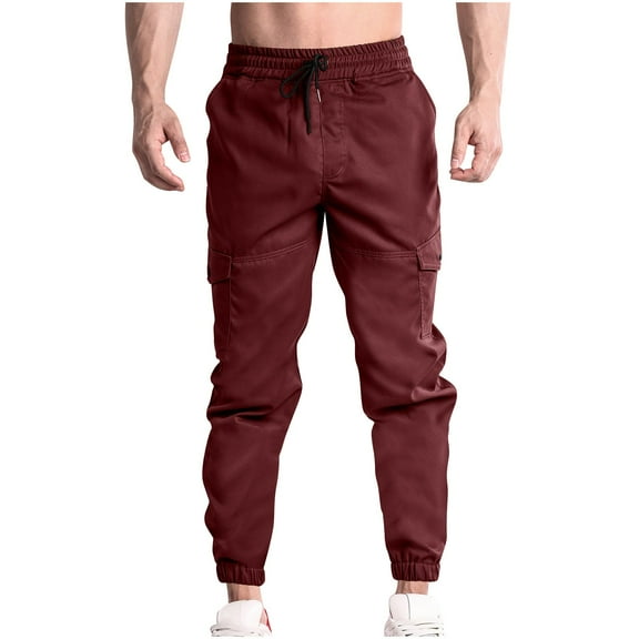 HOOMEUMY Men's Cargo Pants Jogger Pants Drawstring Elastic Waist Multi Pockets Comfortable Loose Fit Trousers Workout Sport Outdoor Wine S