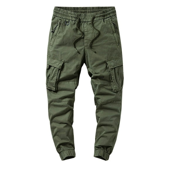 HOOMEUMY Men's Cargo Pants Jogger Pants Elastic Waist Drawstring Trousers Multi Pocket Slim Fit Comfy Sport Workout Pants Army Green S