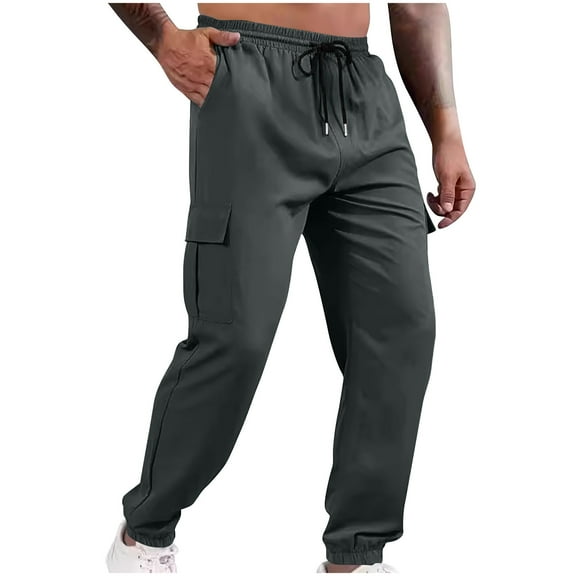 HOOMEUMY Men's Cargo Pants Loose Fit Drawstring Jogger Pants Elastic Waist Trousers Sport Sweatpants for Men Outdoor Hiking Jogging Gray M