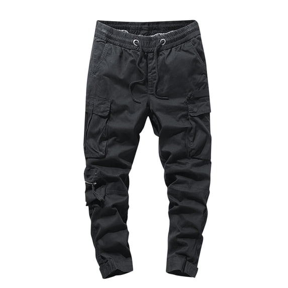 HOOMEUMY Men's Cargo Pants Loose Fit Drawstring Trousers Multi-Pocket Work Pants Classic Solid Outdoor Trousers Black L