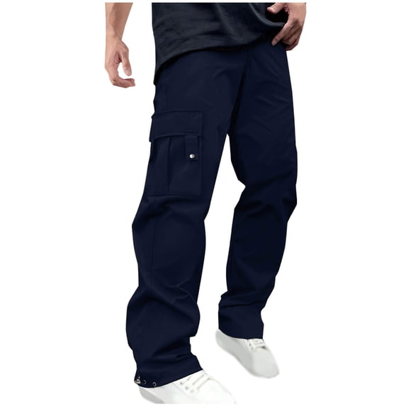 HOOMEUMY Men's Cargo Pants Loose Fit Straight Leg Drawstring Classic Solid Trousers with Multiple Pockets Navy XXXL
