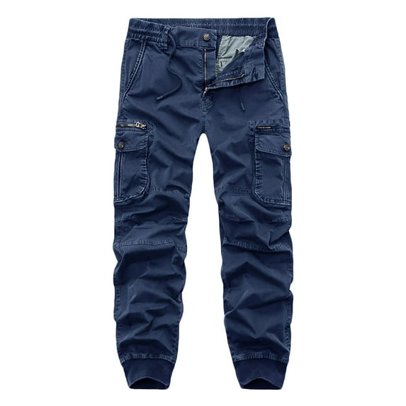 HOOMEUMY Men's Cargo Pants Loose Fit Straight Leg Multi Pocket Trousers Drawstring Waist Cotton Black Military Style Outdoor Work Blue M
