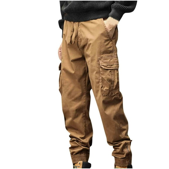 HOOMEUMY Men's Cargo Pants Relaxed Fit High Waisted Joggers Sweatpants Cotton Hiking Outdoor Pant Trousers with Multi Pockets Brown 14