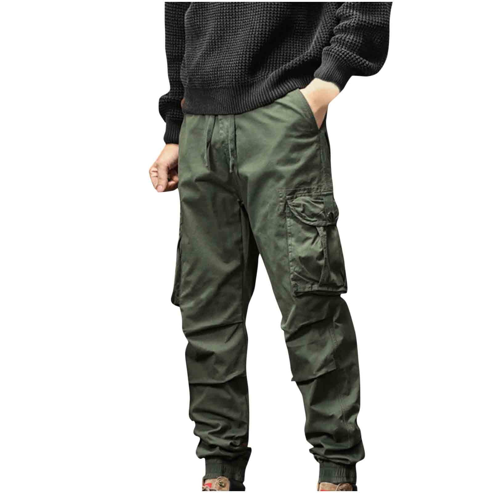 HOOMEUMY Men's Cargo Pants with Pockets Cotton Hiking Sweatpants Casual Athletic Jogger Sports Outdoor Drawstring Trousers Army Green 4
