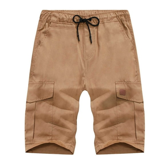 HOOMEUMY Men's Cargo Shorts Cotton Loose Fit Drawstring Elastic Waist Summer Beach Shorts with Pockets Black Yellow XL