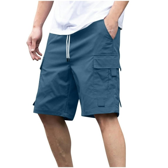 HOOMEUMY Men's Cargo Shorts Fashion Comfy Leisure Outdoor Solid Color Drawstring Elastic Waist Straight Cargo Pants with Pockets Summer Beach Shorts (Blue,S)