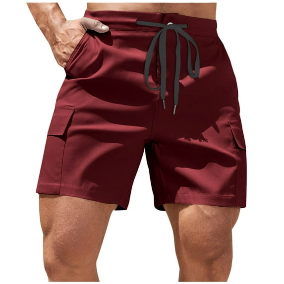 HOOMEUMY Men's Cargo Shorts Fashion Comfy Outdoor Beach Shorts Leisure Drawstring Sportswear Cargo Pants Solid Color Summer (Wine,XXL)