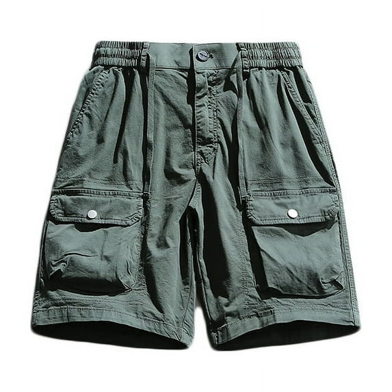 HOOMEUMY Men's Cargo Shorts with Pockets Streetwear Hip Hop Style Solid Color Bermuda Shorts Drawstring Elastic Waist Loose Fit Summer Beach Shorts Green L