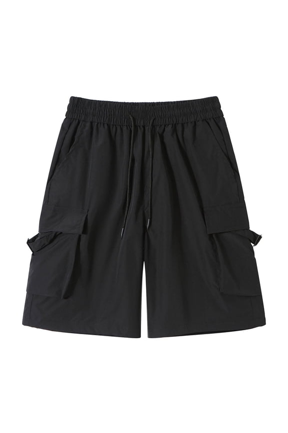Men's Cargo Shorts with Pockets Streetwear Hip Hop Style Solid Color Bermuda Shorts Summer Loose Fit Drawstring Elastic Waist Straight Short Pants Black XXXL