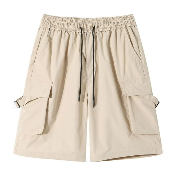 HOOMEUMY Men's Cargo Shorts with Pockets Streetwear Hip Hop Style Solid Color Bermuda Shorts Summer Loose Fit Drawstring Elastic Waist Straight Short Pants Yellow XXXXL