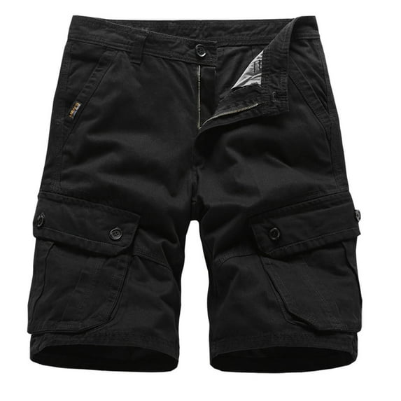 HOOMEUMY Men's Cargo Shorts Summer Cotton Multi-Pocket Bermuda Military Shorts Straight Fit Regular Length Black M