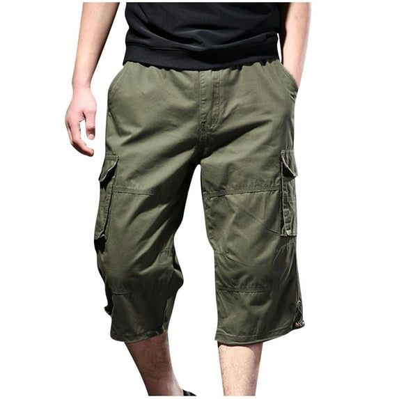 HOOMEUMY Men's Cargo Shorts Summer Fashion Comfy Outdoor Beach Shorts Solid Color Multi Pocket Workwear With Elastic Waist Button Cargo Shorts Leisure (Army Green,XXXXL)