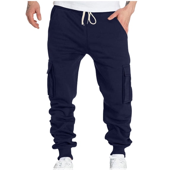 HOOMEUMY Men's Cargo Sweatpants Open Bottom Sweat Pants for Men Drawstring Athletic Gym Sweatpants Lounge Pants Multi Pockets Navy 8