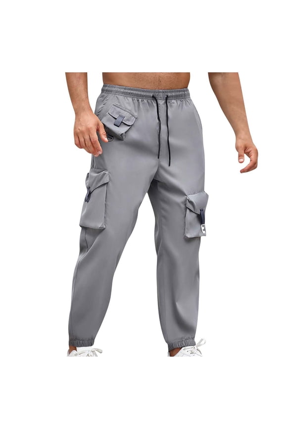 Men's Casual Cargo Sweatpants Elastic Waist D string Joggers Loose Pants for Men with Multi Pockets (Gray,S)