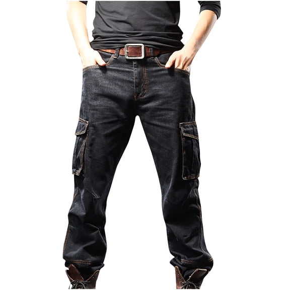 HOOMEUMY Men's Casual Loose Hip Hop Denim Work Pants Jeans with Cargo Pockets Outdoor Solid Classic Work Denim Cargo Jeans Black 14