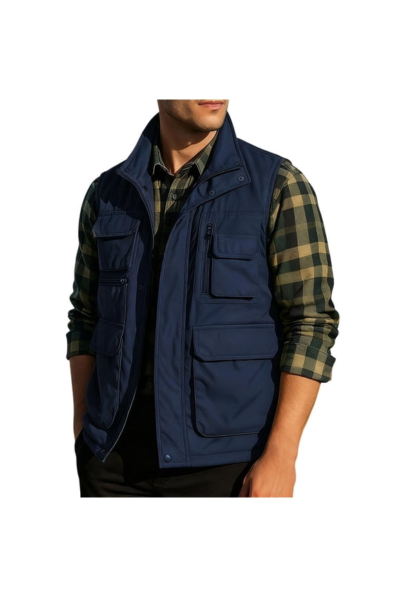 Men's Casual Outdoor Work Vest Casual Sleeveless Waistcoat Outwear Travel Cargo Jacket With Multi Pockets (Navy,L）