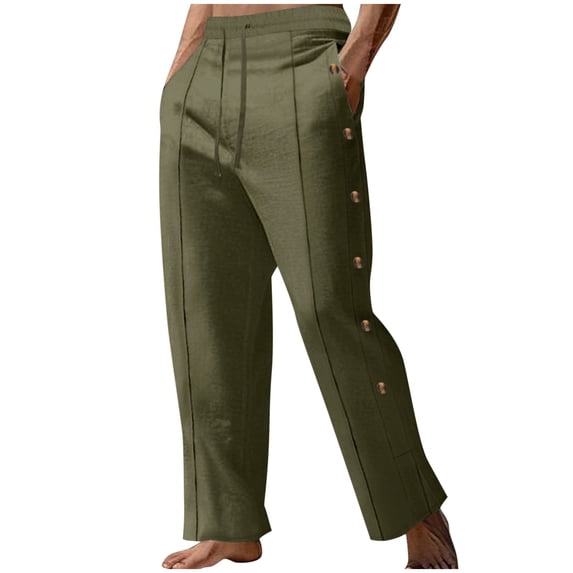 HOOMEUMY Men's Casual Pants Solid Color Drawstring Striped Side Button Elastic Waist Trousers Sports Workout Yoga Summer Pant (Army Green,XXL)