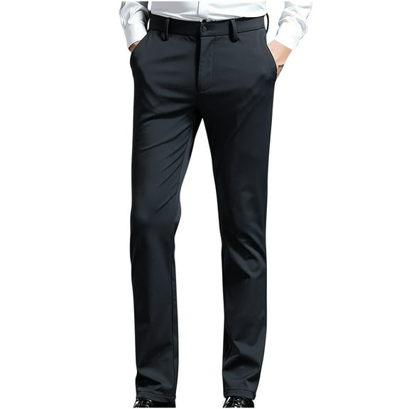 HOOMEUMY Men's Classic Fit Stretch Padded Straight Leg Dress Pants with Zipper Pockets Business Office Trousers Black 31