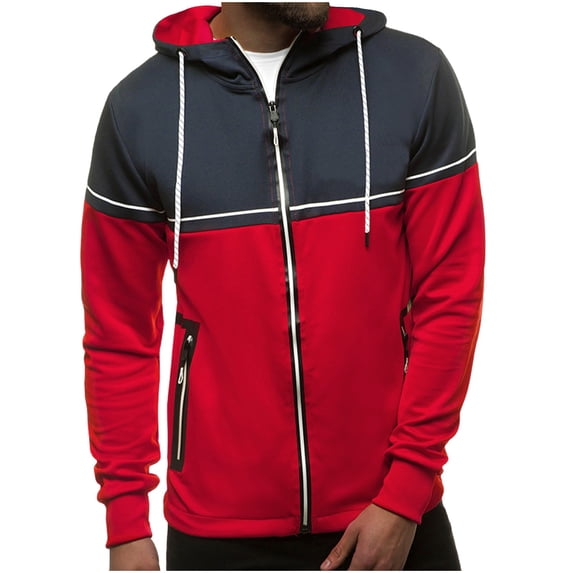 HOOMEUMY Men's Colorblock Hoodie Drawstring Zipper Up Sweatshirt Lightweight Long Sleeve Athletic Pullover Jacket Red XL