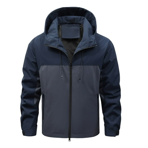 HOOMEUMY Men's Colorblock Zipper Hoodie Jacket Long Sleeve Drawstring Waterproof Windbreaker Outerwear Navy L