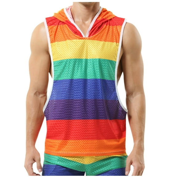 HOOMEUMY Men's Colorful Fishnet Tank Top with Hood Mesh Sleeveless Tank Top Breathable Lightweight Casual UnderVest Multicolor XL