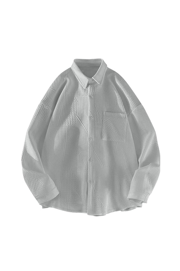 Men's Corduroy Button Down Shirt Long Sleeve Turndown Collar Geometric Pattern Oversize Tops with Pockets Gray XL