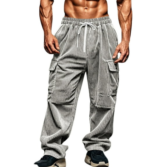 HOOMEUMY Men's Corduroy Cargo Pants Loose Fit Drawstring Elastic Waist Trousers Black Corduroy Workwear Outdoor Sport Jogging Bot Gray S