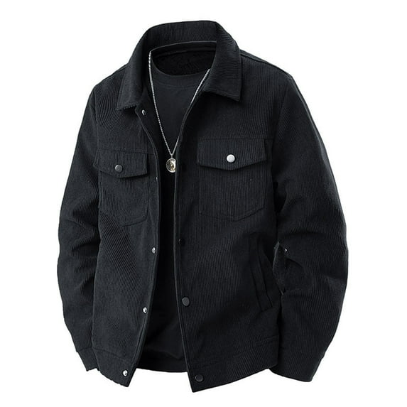 HOOMEUMY Men's Corduroy Jackets Button Casual Long Sleeve Lapel Jacket Vintage Fall Winter Coats with Pockets (Black,XXL）