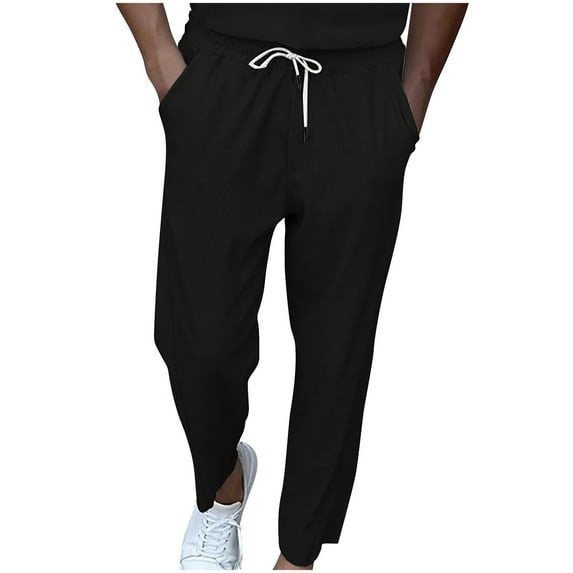 HOOMEUMY Men's Corduroy Pants Elastic Waist Straight Sweatpants Solid Colour Trousers Loose Fit Casual Pants Outdoor Pant Black 6