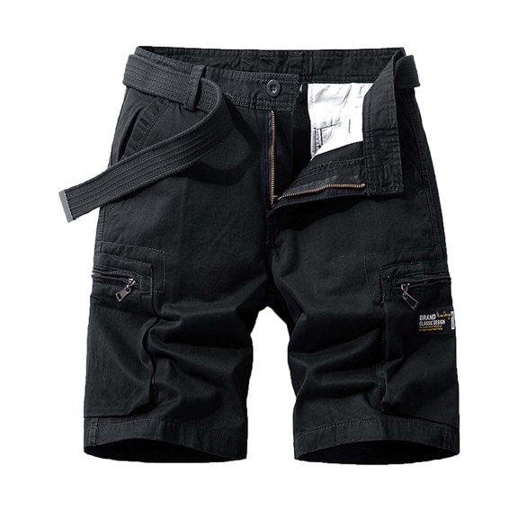HOOMEUMY Men's Cotton Cargo Shorts with Belt Straight Military Style Solid Color Multi-Pockets Bermuda Knee Length Shorts Black M