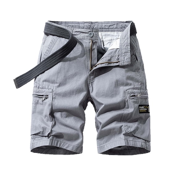 HOOMEUMY Men's Cotton Cargo Shorts with Belt Straight Military Style Solid Color Multi-Pockets Bermuda Knee Length Shorts Gray L