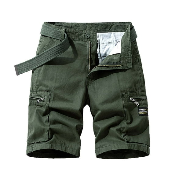 HOOMEUMY Men's Cotton Cargo Shorts with Belt Straight Military Style Solid Color Multi-Pockets Bermuda Knee Length Shorts Green M