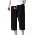 thumbnail image 1 of HOOMEUMY Men's Cotton Linen Pants Baggy Capri Trousers Drawstring Elastic Waist Pockets Stretch Breathable Summer Beach Shorts Black XL, 1 of 5