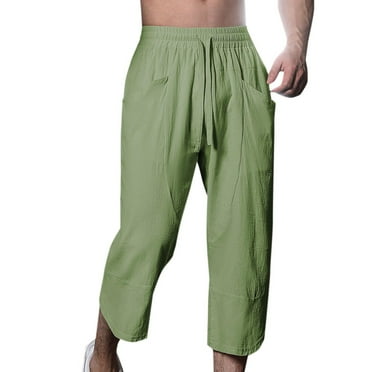 HOOMEUMY Men's Cotton Linen Pants Pockets Drawstring Elastic Waist Breathable Baggy Loose Fit 3/4 Capri Pants Trousers Green M