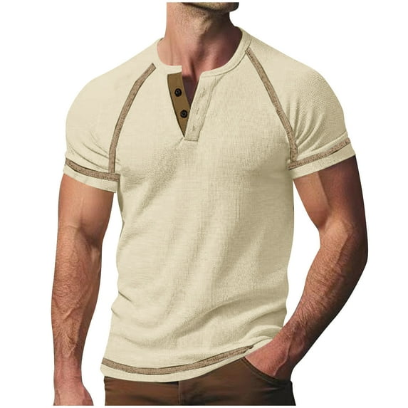 HOOMEUMY Men's Crew Neck Button Shirts Basic Shirt Relaxed Short Sleeve Casual Soft Lightweight Solid Color Blouses (Khaki,XXXL)