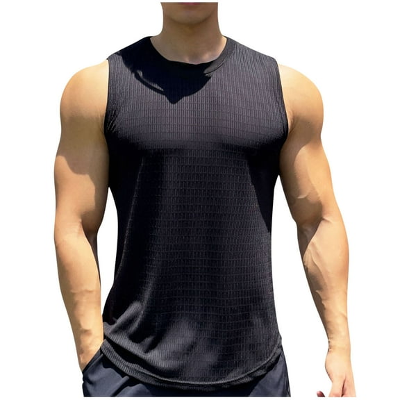 HOOMEUMY Men's Crew Neck Sports Fitness Tank Tops Relaxed Casual Basic Shirt Soft Sleeveless Lightweight Solid Color Blouses (Black,XL)