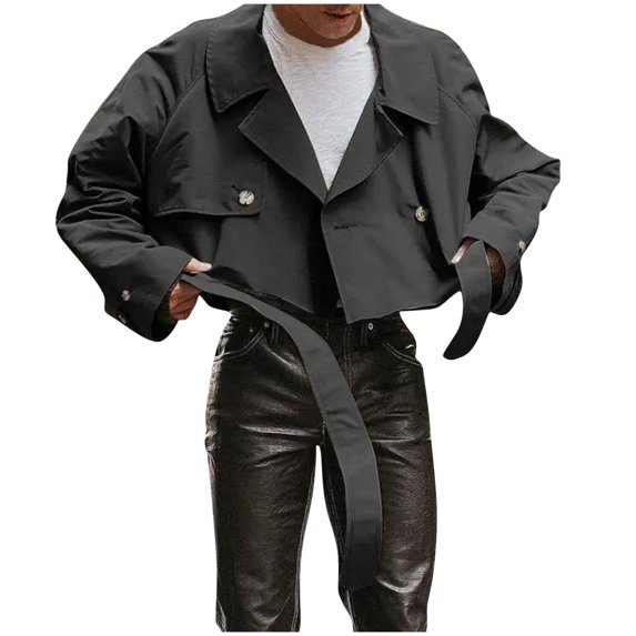 HOOMEUMY Men's Cropped Jacket Button Down Belted Long Sleeve Solid Color Trench Coat Loose Fit Outerwear Black M
