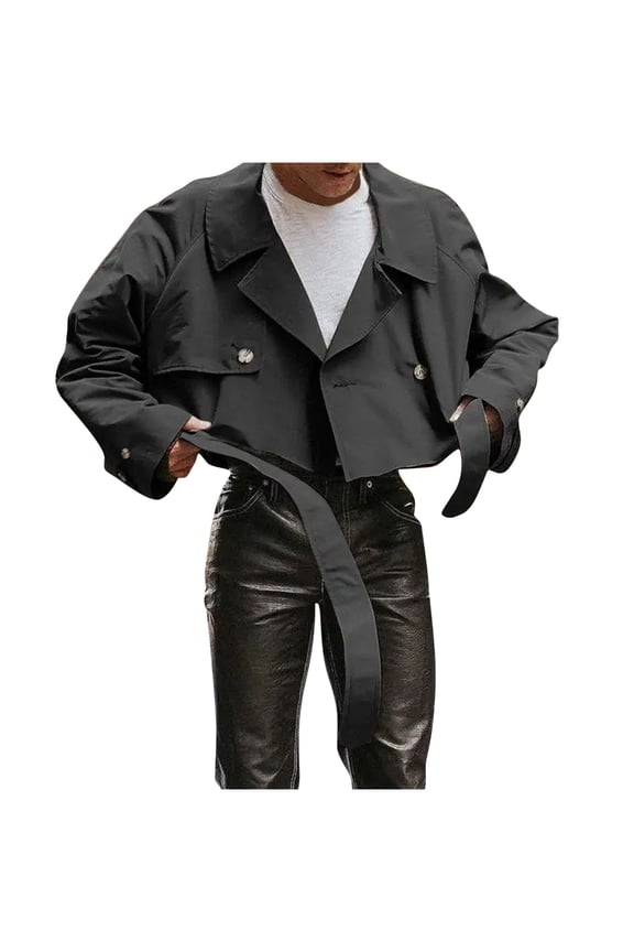 Men's Cropped Jacket Button Down Belted Long Sleeve Solid Color Trench Coat Loose Fit Outerwear Black XL