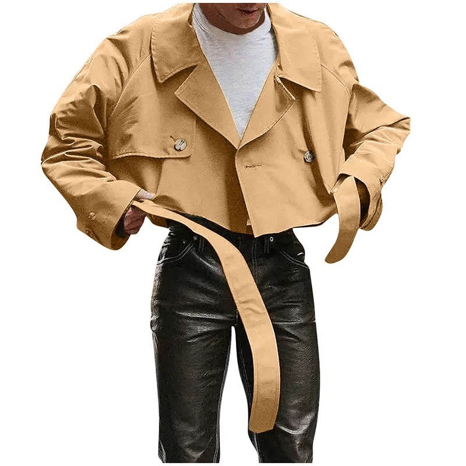 HOOMEUMY Men s Cropped Jacket Button Down Belted Long Sleeve Solid Color Trench Coat Loose Fit Outerwear Khaki XXL