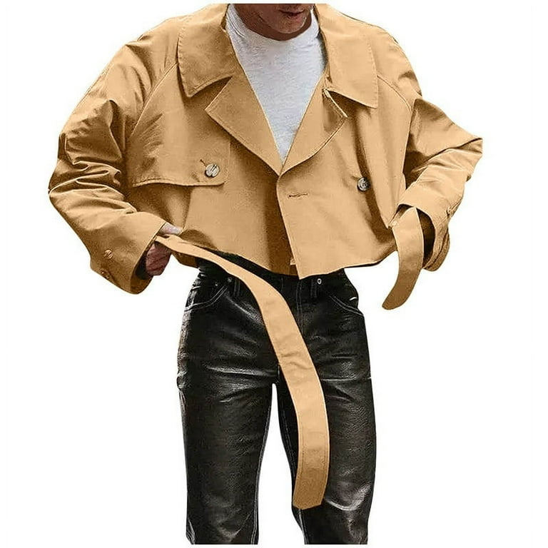 HOOMEUMY Men's Cropped Jacket Button Down Belted Long Sleeve