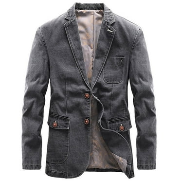 HOOMEUMY Men's Denim Blazer Button Up Jacket Turndown Collar Slim Fit Long Sleeve Casual Outwear with Pockets Gray M