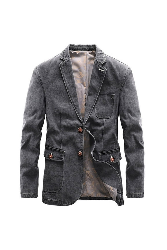 Men's Denim Blazer Button Up Jacket Turndown Collar Slim Fit Long Sleeve Casual Outwear with Pockets Gray M
